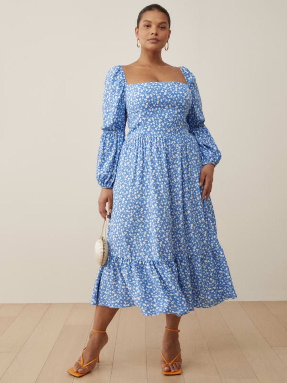 Reformation Mica ES Floral Marie Square Neck Midi Dress Blue Size 12 - Picture 3 of 14